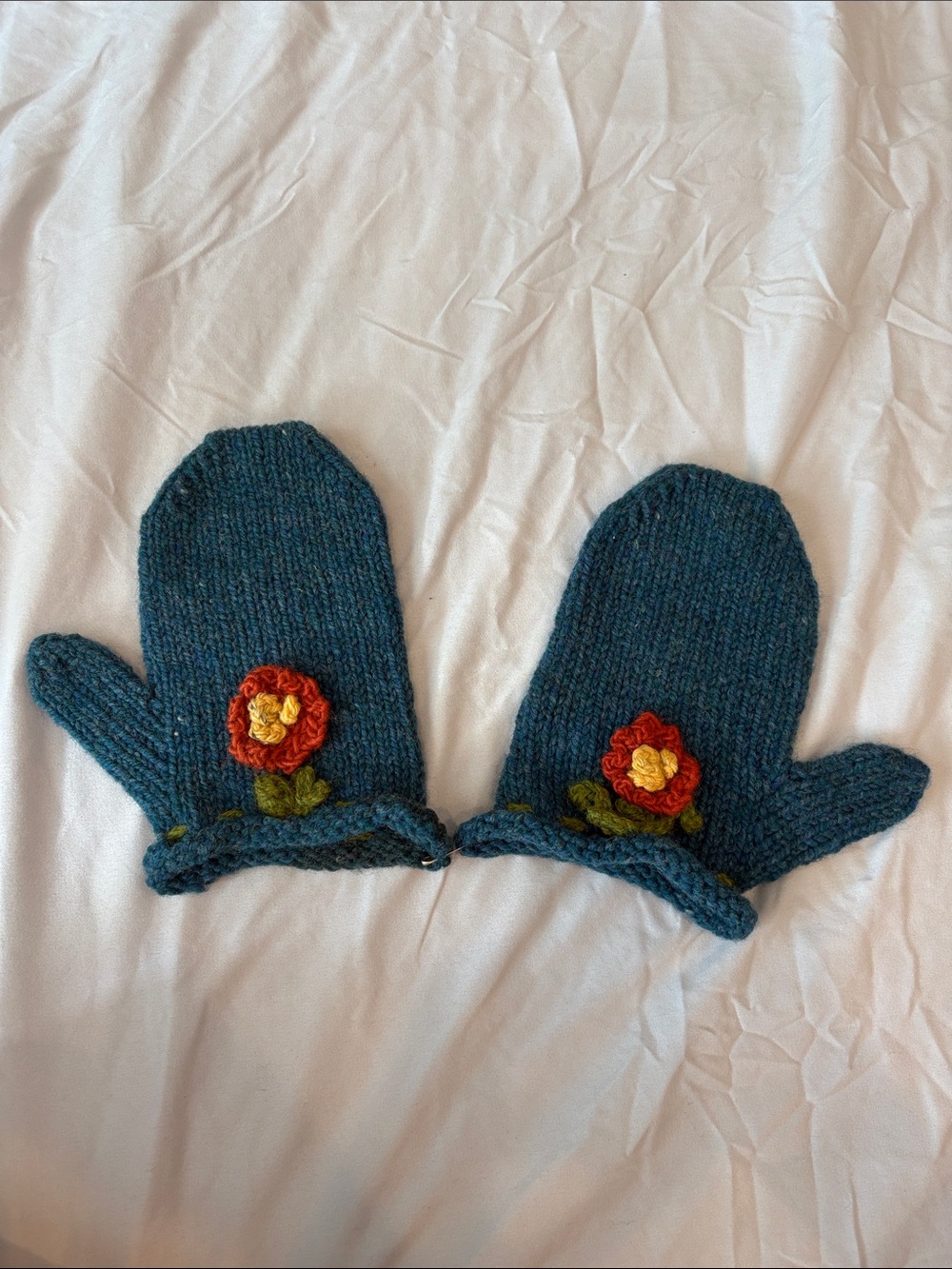 Hand-Knit Teal Mittens with Flower Accent